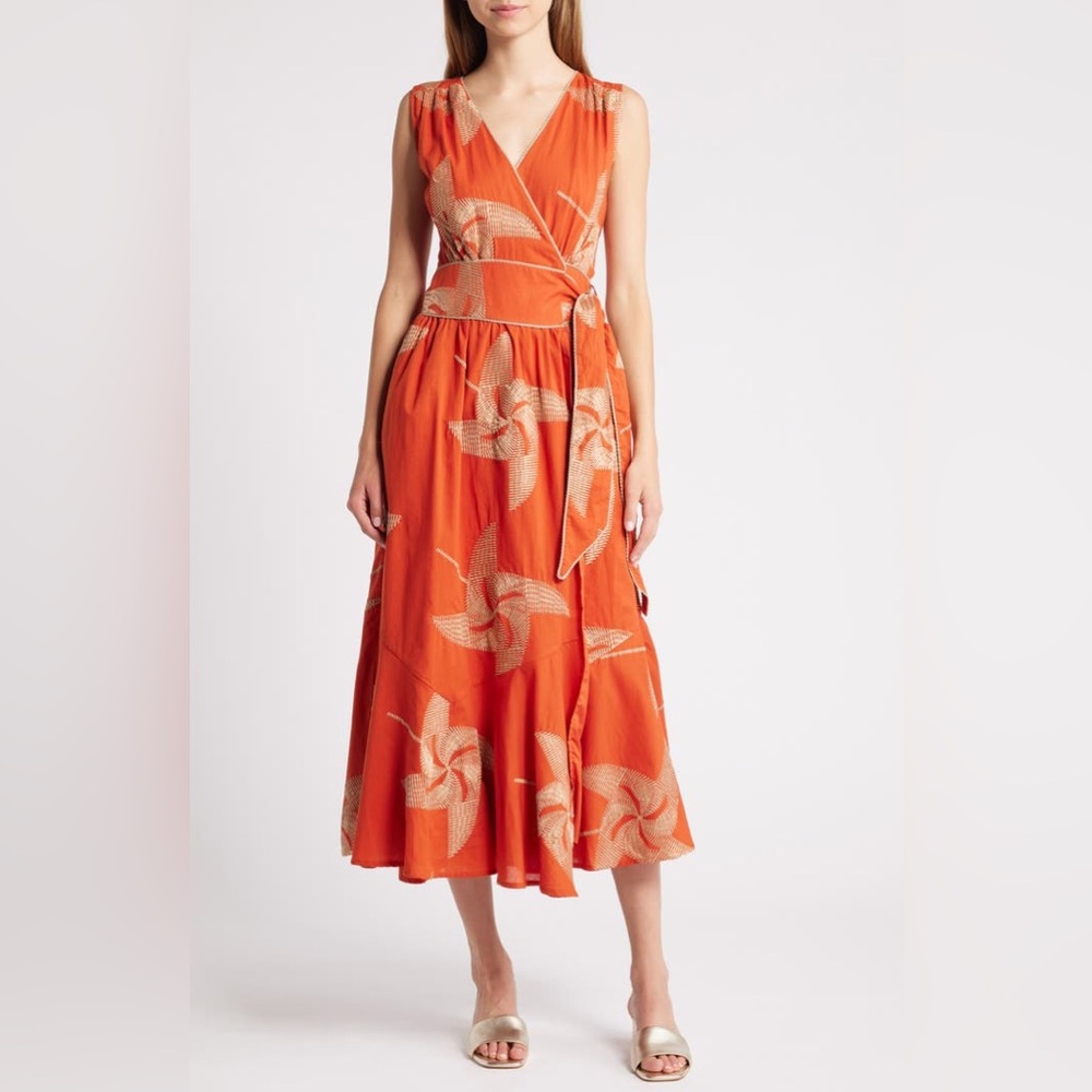 CIEBON KAIDEN TIE BELT EMBROIDERED WRAP  MAXI DRESS TERRACOTTA MEDIUM NWOT
